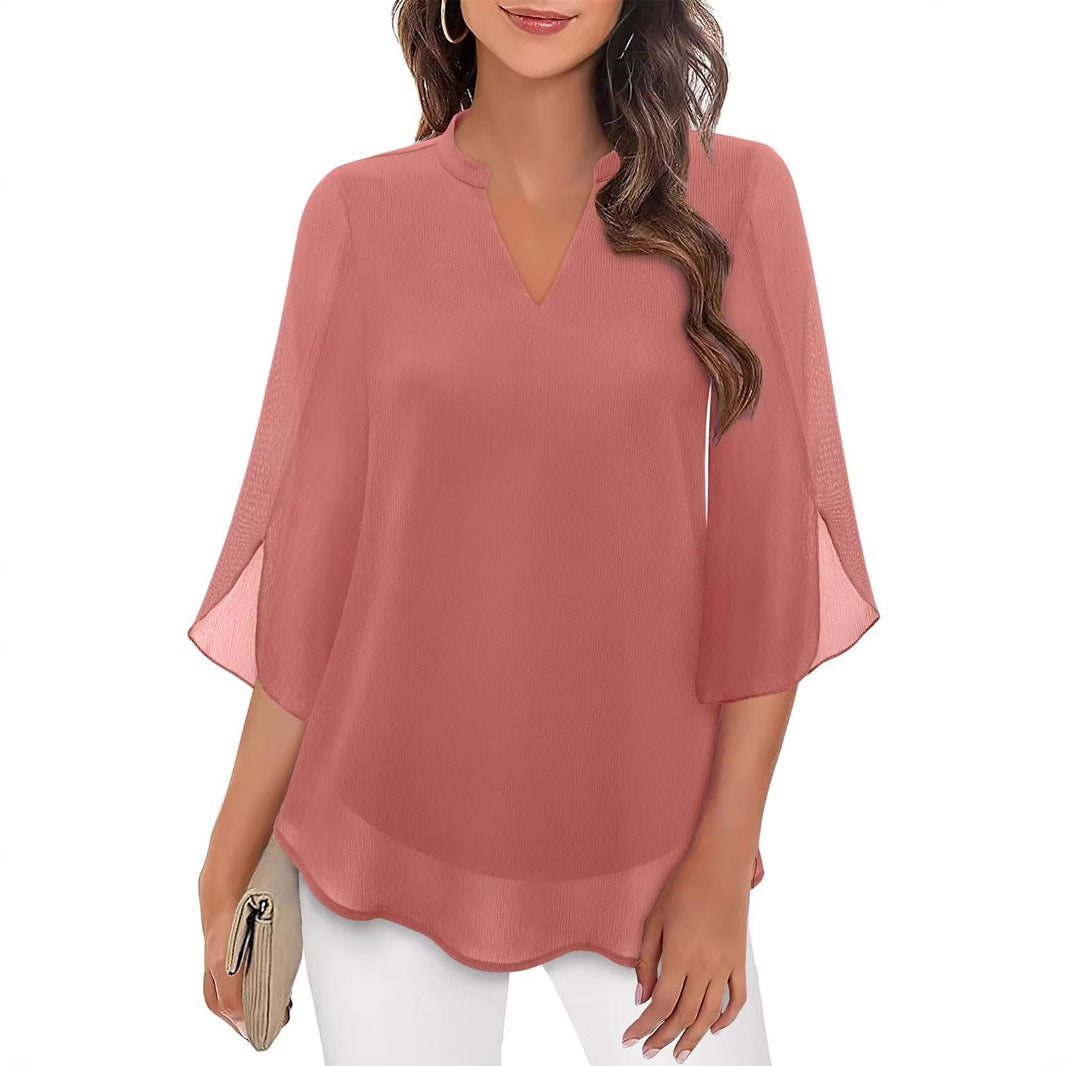 Women's Flowy V-Neck Chiffon Blouse with Petal Sleeves