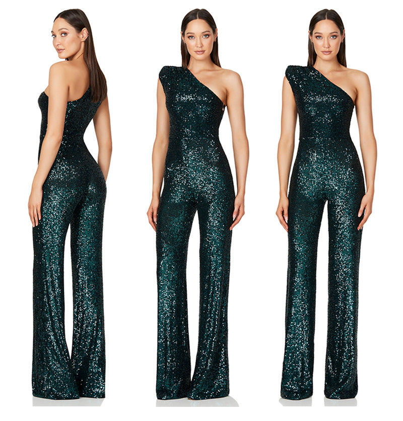 Sexy One Shoulder Sequined Jumpsuits