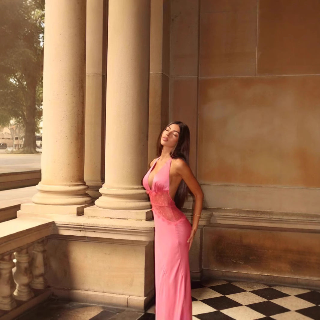 Elegant & Sexy Deep V Backless Lace Sheath Dress with Tie Detail