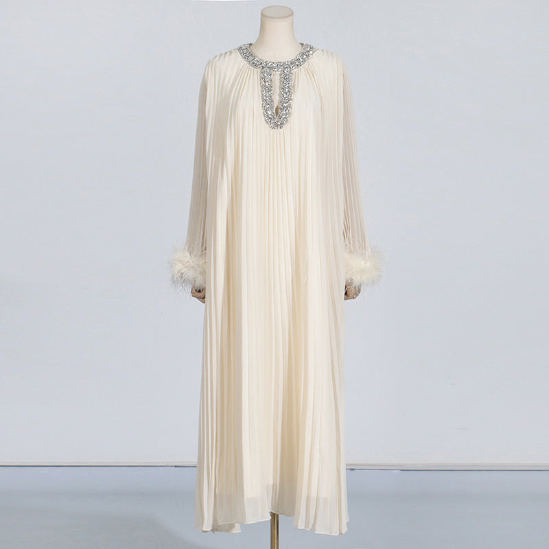 Elegant Round Neck Rhinestone Ostrich Feather Long Sleeve Ruffle Dress