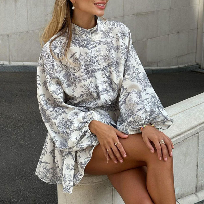 Elegant Long Sleeve Floral Print Wrap Dress with Belt