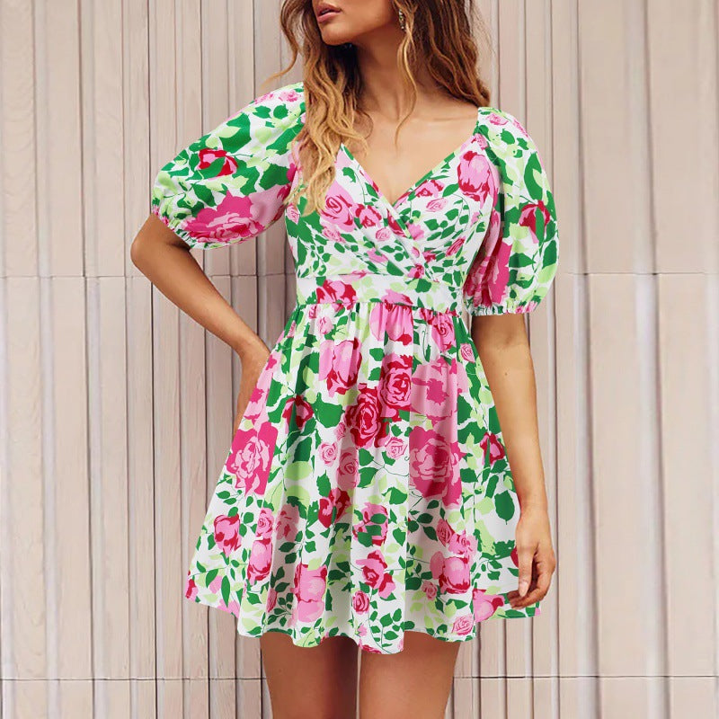 V-Neck Sleeveless Floral Print Suspender Dress