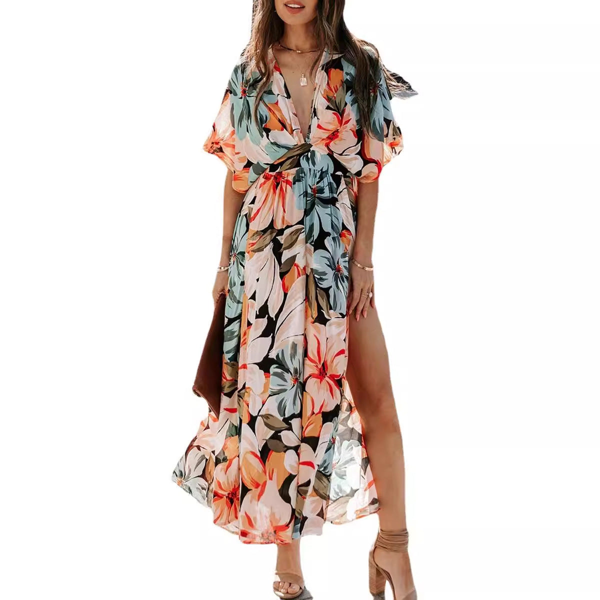 Women's Summer New Fashion Sexy High Waist Floral Print Slit Dress