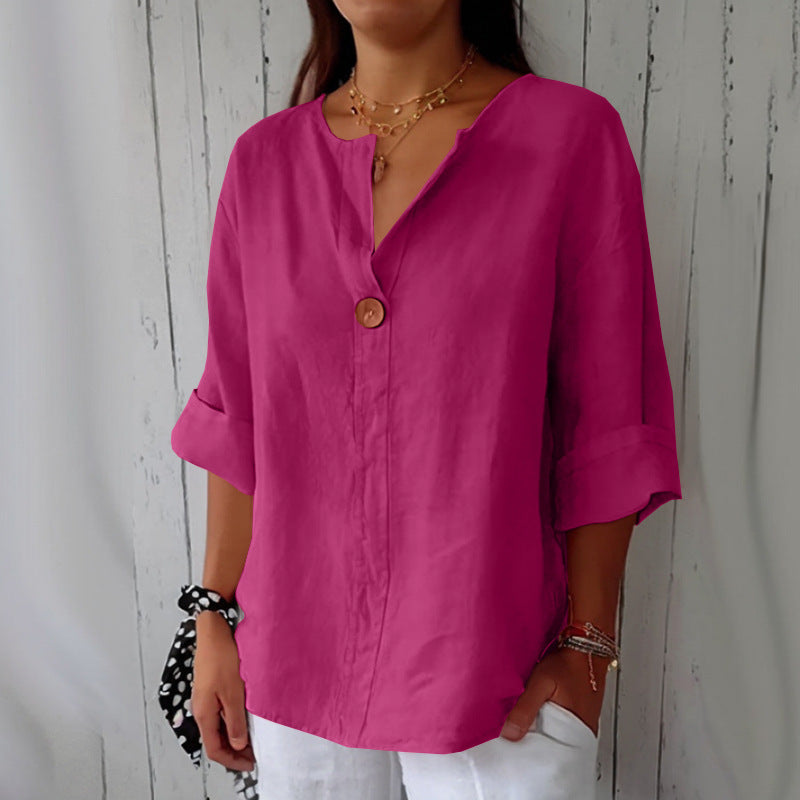 Women's Summer Loose-Fit V-Neck Cotton Linen Button-Up T-Shirt