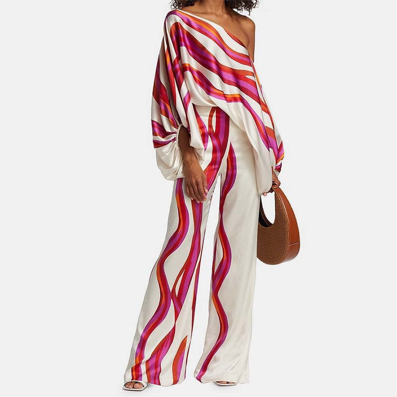 Women's Printed Round Neck Batwing Sleeve Top & Wide-Leg Pants Set