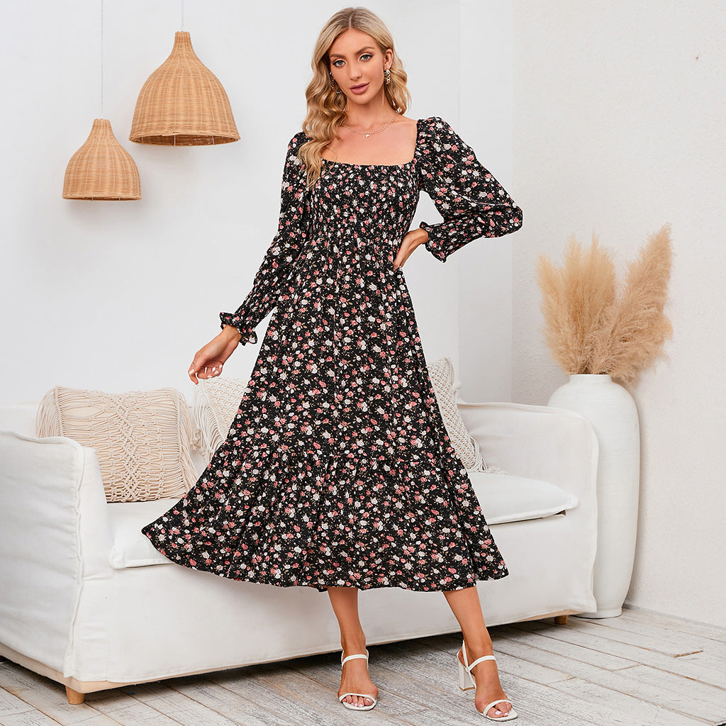 Women's Floral Print Square Neck Chiffon Dress