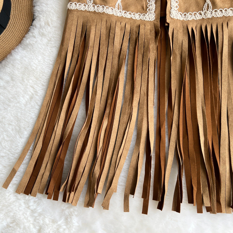 Bohemian Vintage Vest – Embroidered Floral Long Fringe Open Front Cardigan