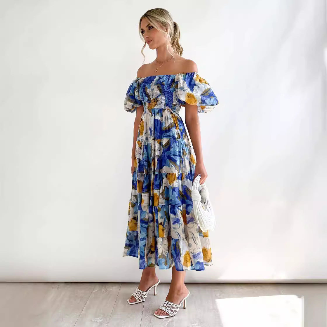 Women's Off-Shoulder Lantern Sleeve High Waist Summer Dress-red-S-Free Shipping Leatheretro