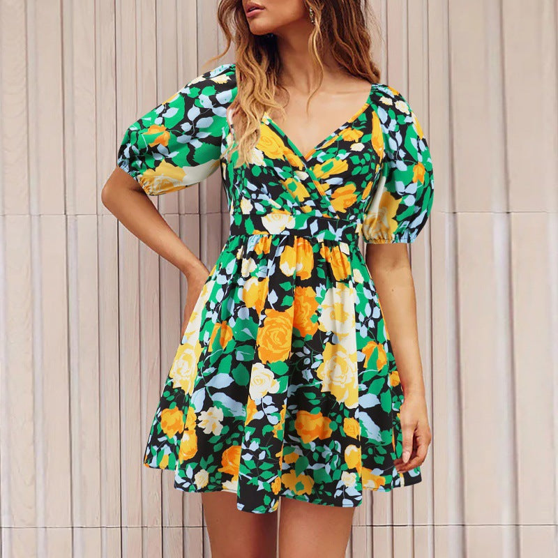 V-Neck Sleeveless Floral Print Suspender Dress
