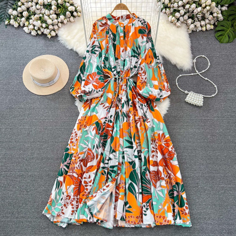 Retro Palace Style Lantern Sleeve Round Neck A-Line Floral Print Button-Down Waist Dress