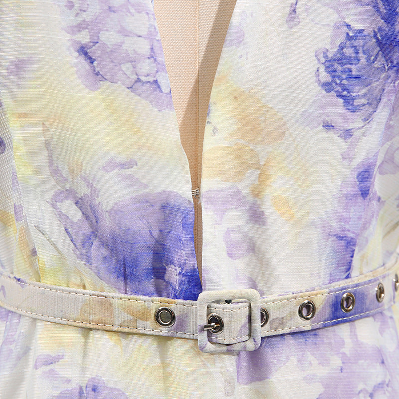 Floral Lace Trim Cake Dress – Summer Deep V-Neck Bell Sleeve Maxi Dress