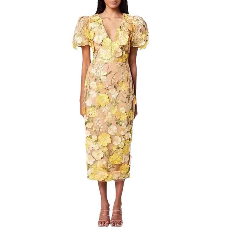 Elegant Long Sleeve Embroidered Maxi Dress – Romantic Bubble Sleeve & Floral Lace Detail