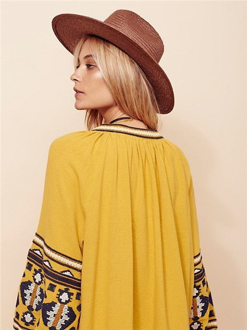 Bohemian Ethnic Embroidered Loose Front Button Dress