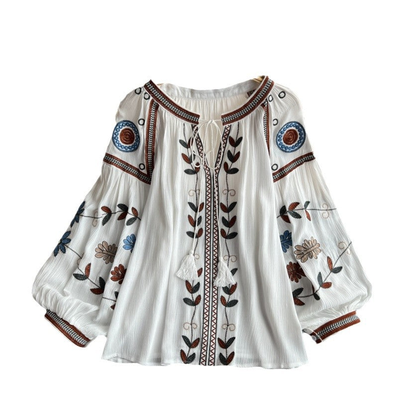 Ethnic Embroidered Tie-Neck Blouse-White-one size-Free Shipping Leatheretro
