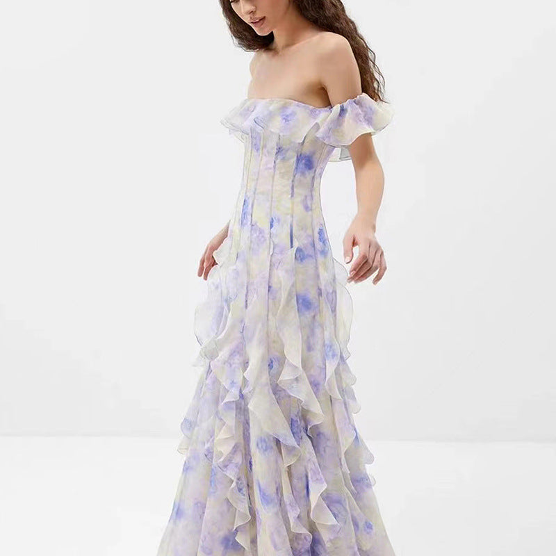 Ethereal Off-Shoulder Waist-Cinching Maxi Dress