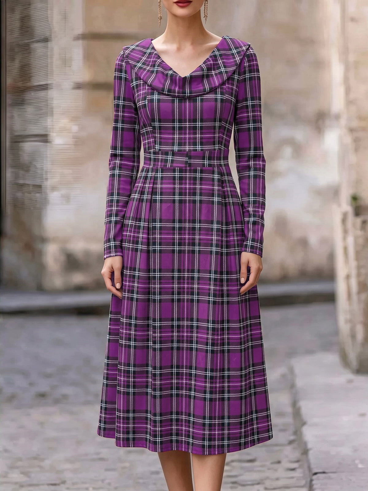 Autumn Winter Plaid Print Long Dress for Women