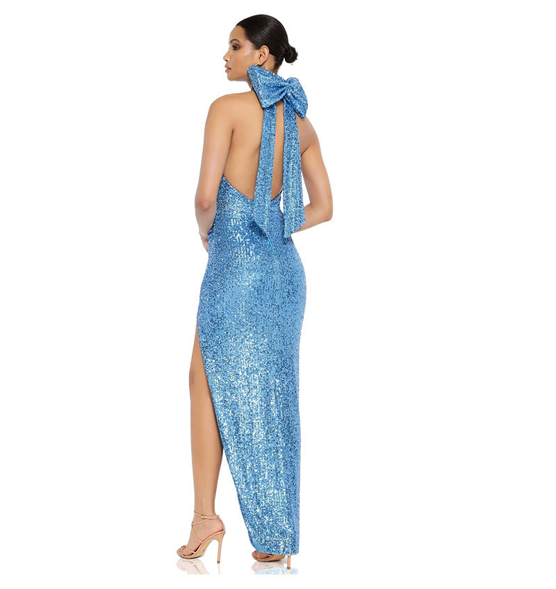 Sexy Sequined Halter Bow Evening Party Dresses