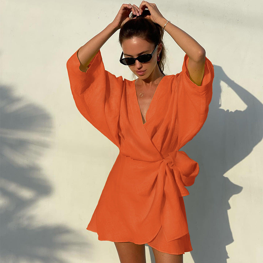 Designed Cotton Linen Irregular Mini Dresses