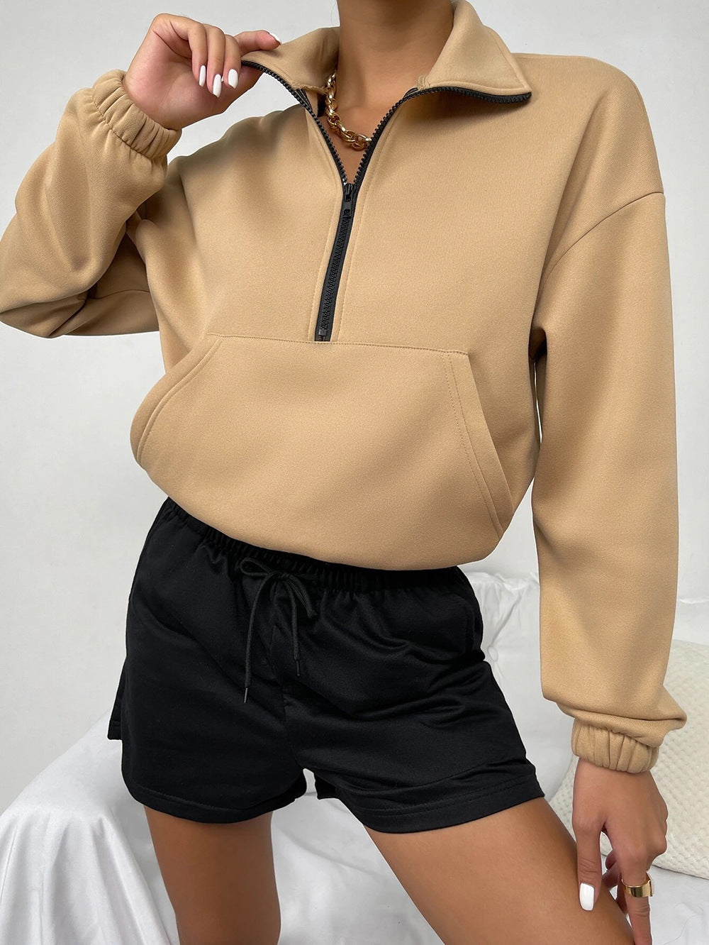 Casual Women Stand Collar Zipper Loose Hoodies