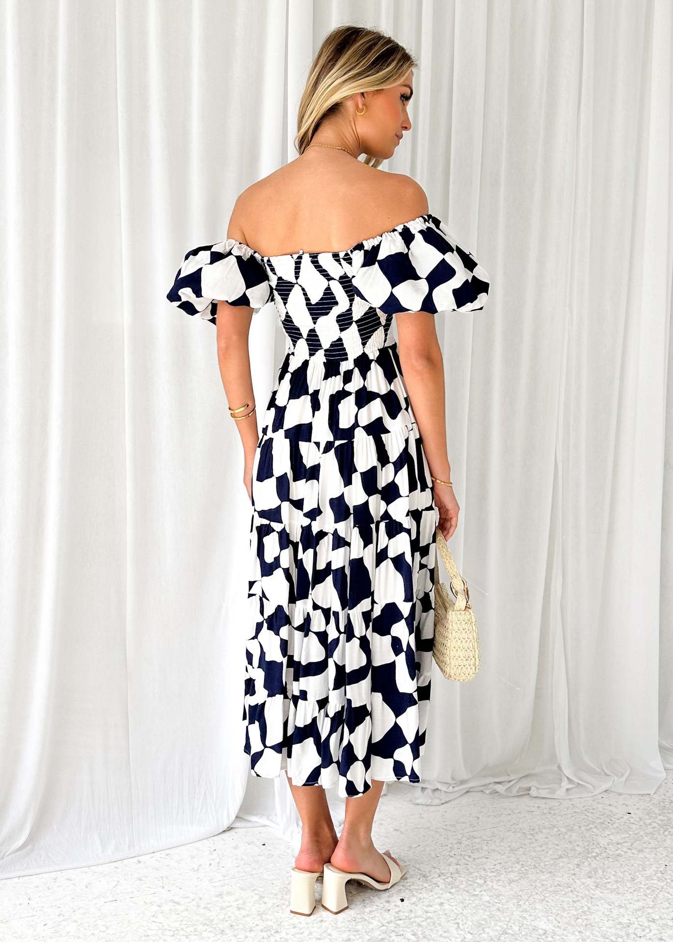 Spring Summer Off-Shoulder Floral Print Puff Sleeve Dress