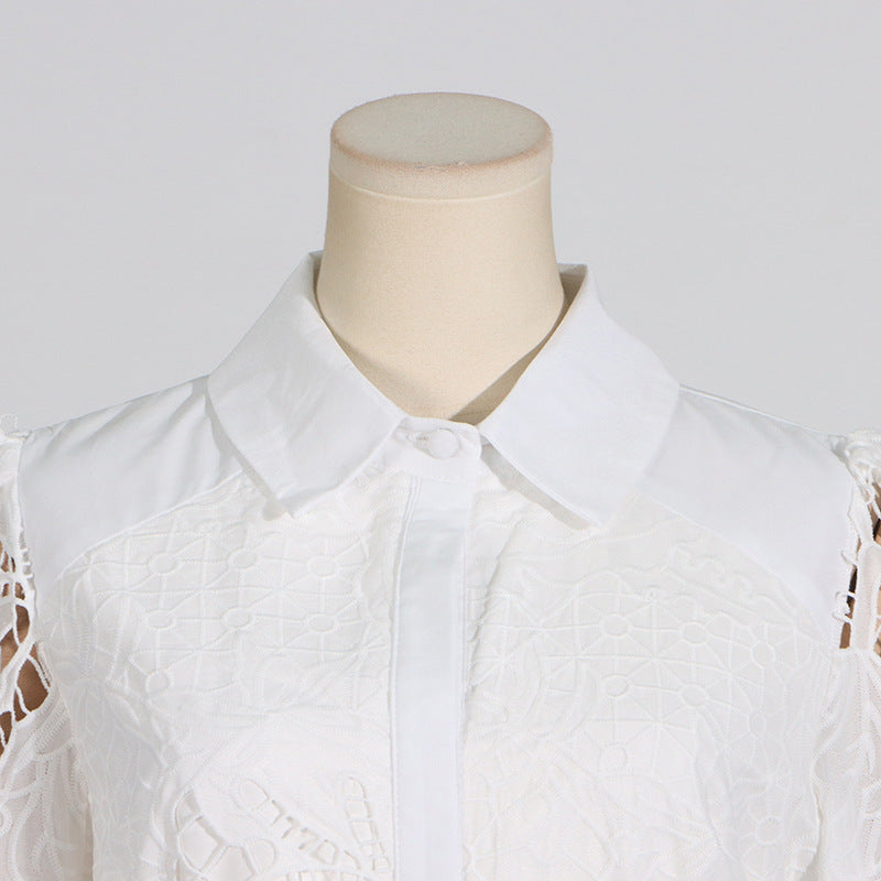 Vintage Collar Long Lantern Sleeve Mid-Length Embroidery Lace Dresses