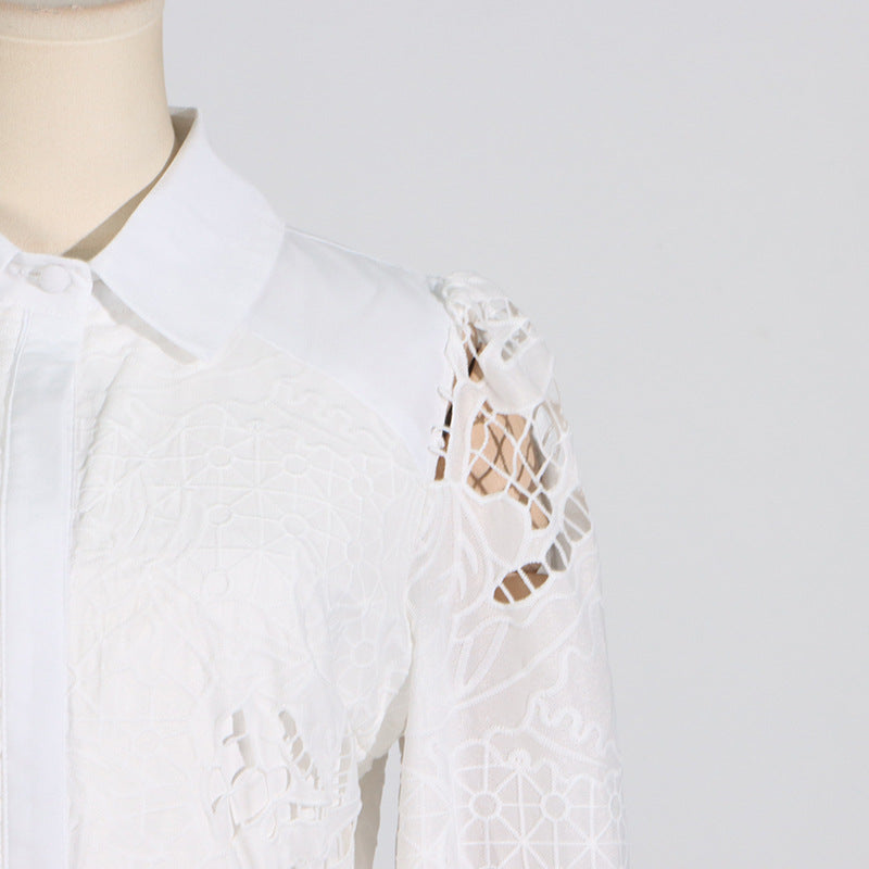 Vintage Collar Long Lantern Sleeve Mid-Length Embroidery Lace Dresses