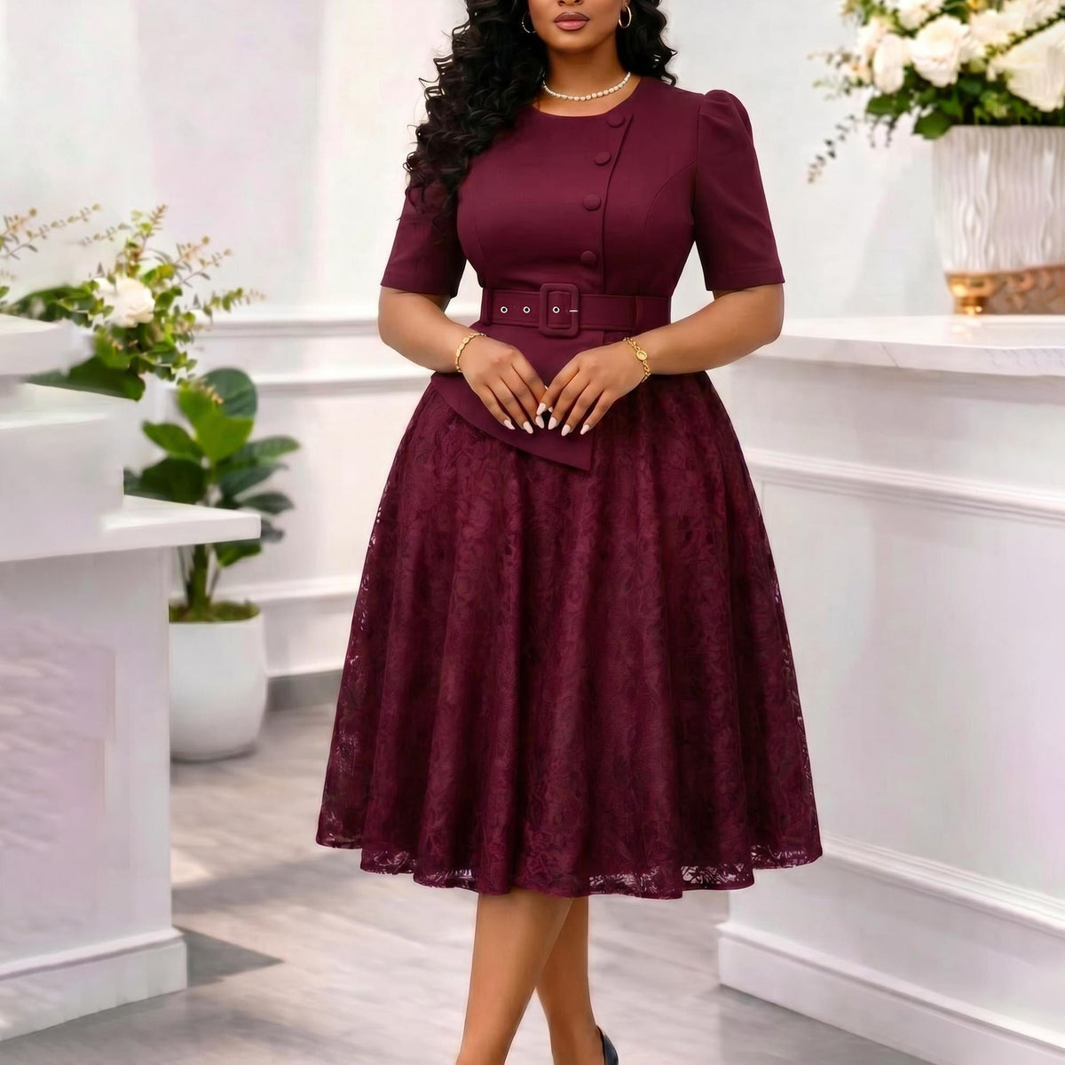Summer Elegant Lace Spliced High-Waist Plus Size Two-Piece Look Dress