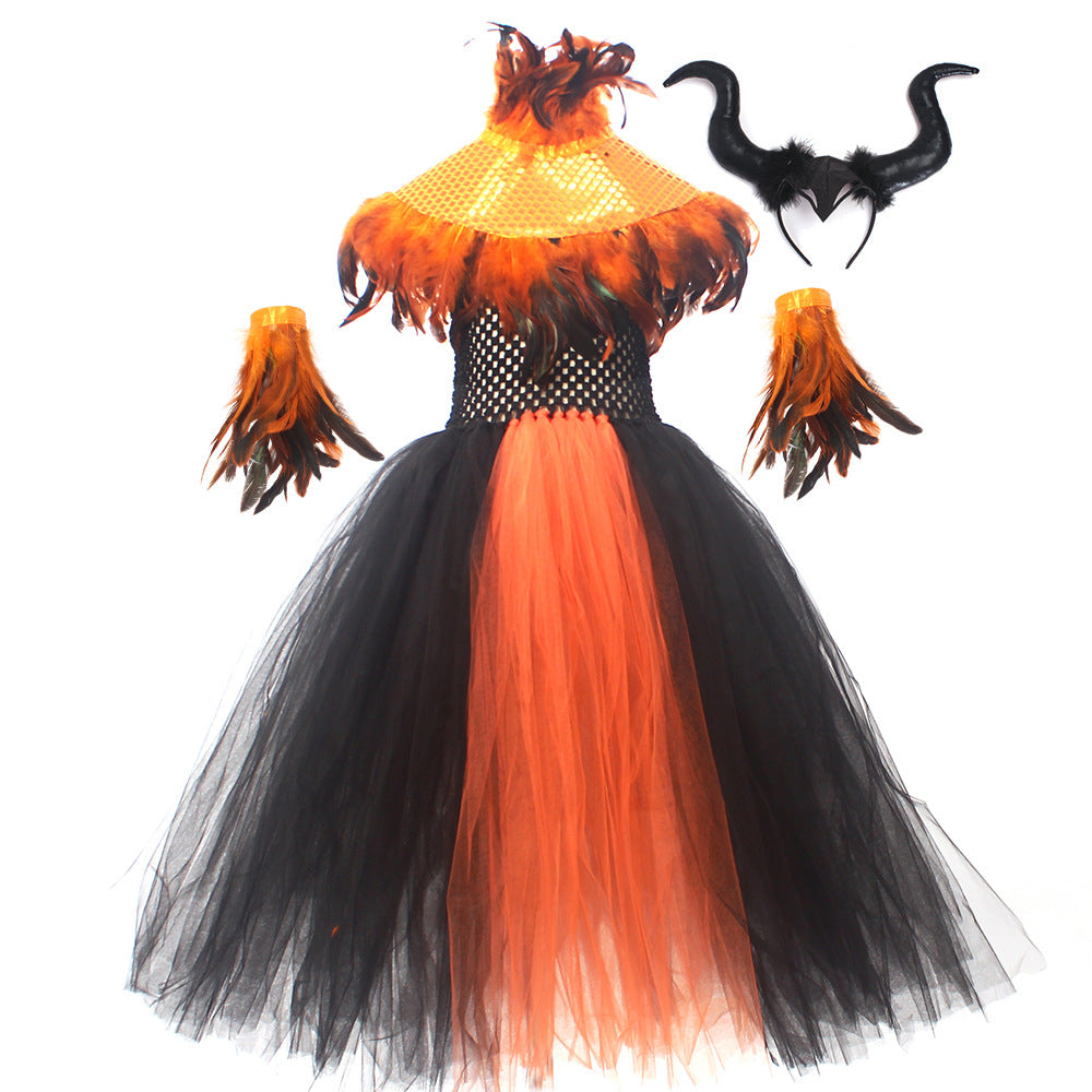 Halloween Glitter Feather Collar Witch Long Dress