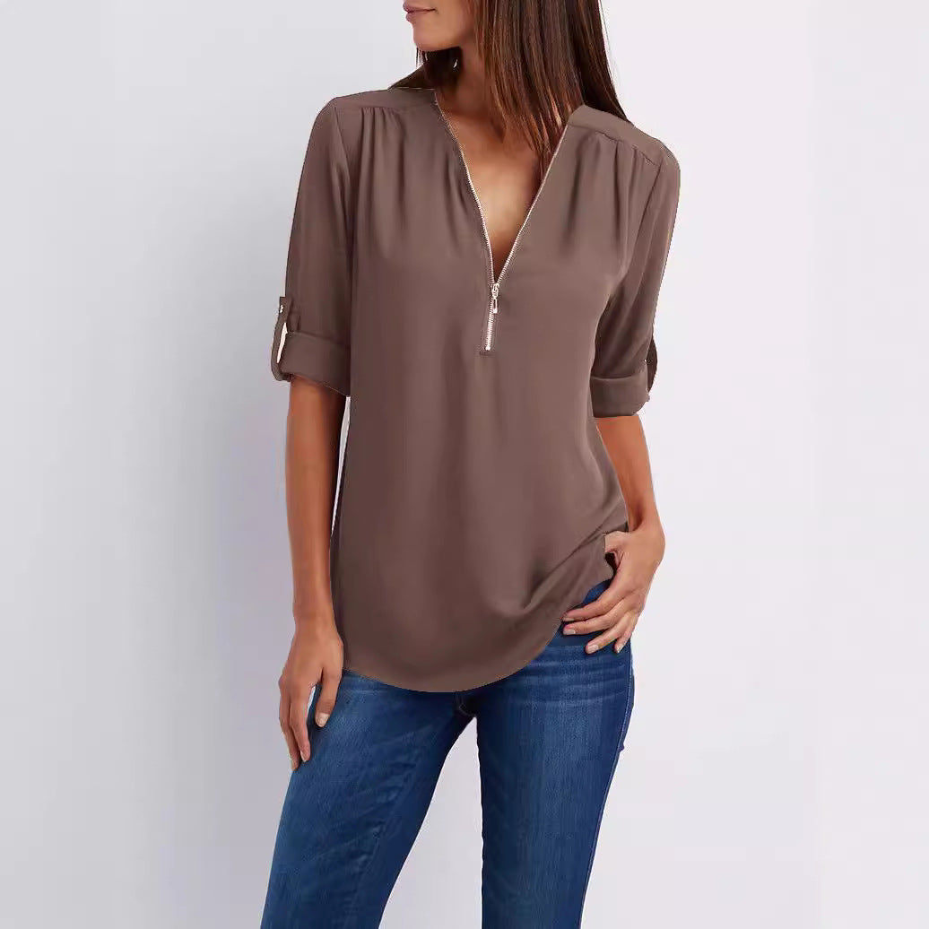 Plus-Size V-Neck Zip-Up Long Sleeve Chiffon Blouse