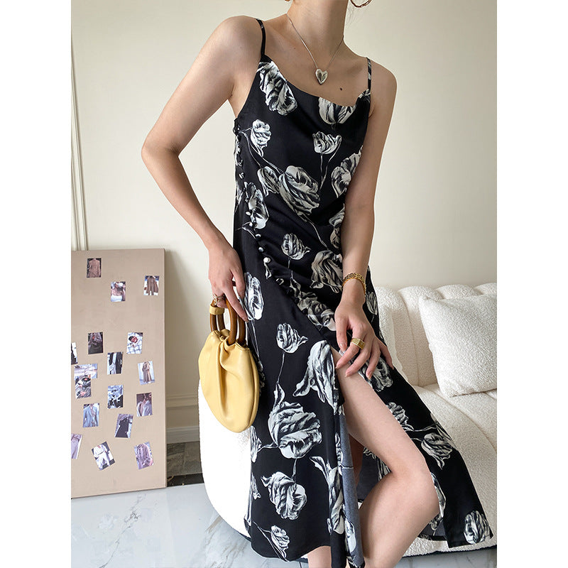 Vintage Floral Design Satin Summer Sleeveless Sun Dresses-Dresses-Black-S-Free Shipping at meselling99