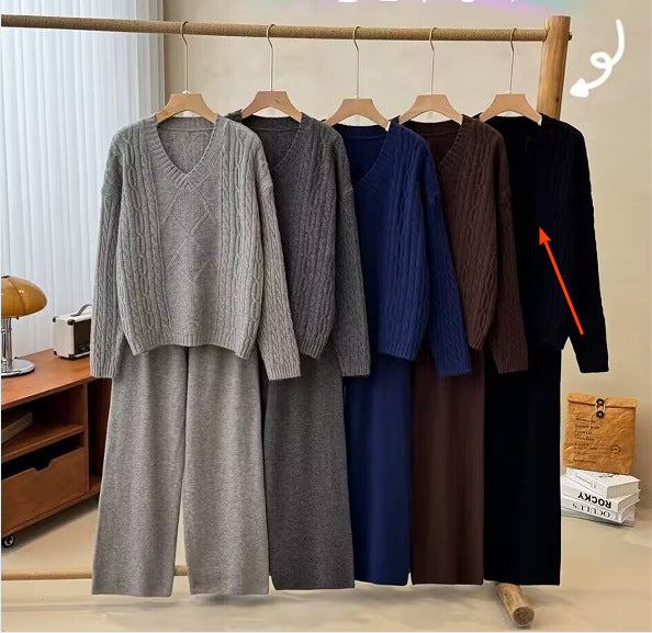 Women's Fashion Casual Long Sleeve Sweater Set – Winter Warm Knit Pullover & Wide-Leg Pants Two-Piece Outfit