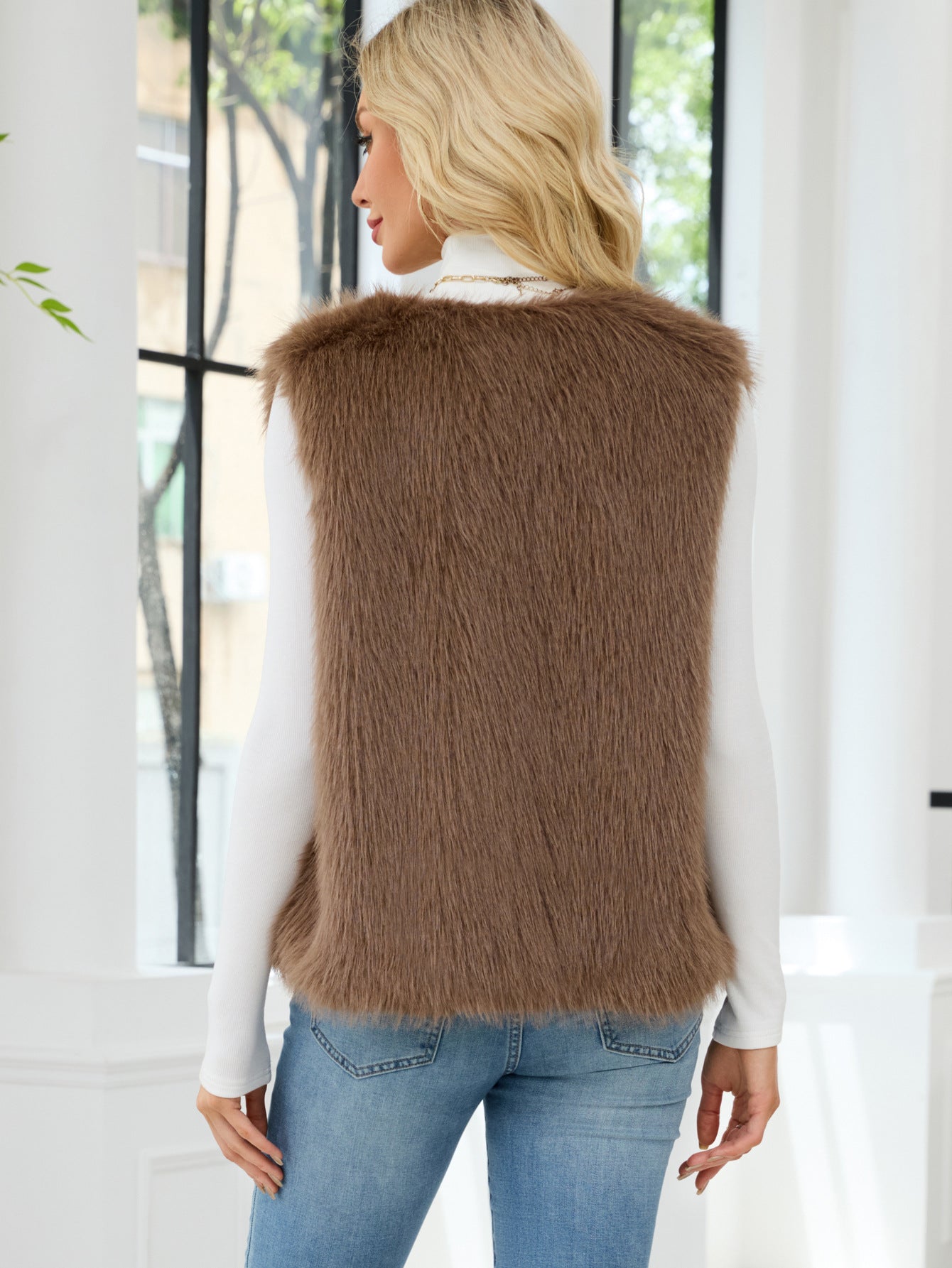 Faux Fur V-Neck Vest Sleeveless Top