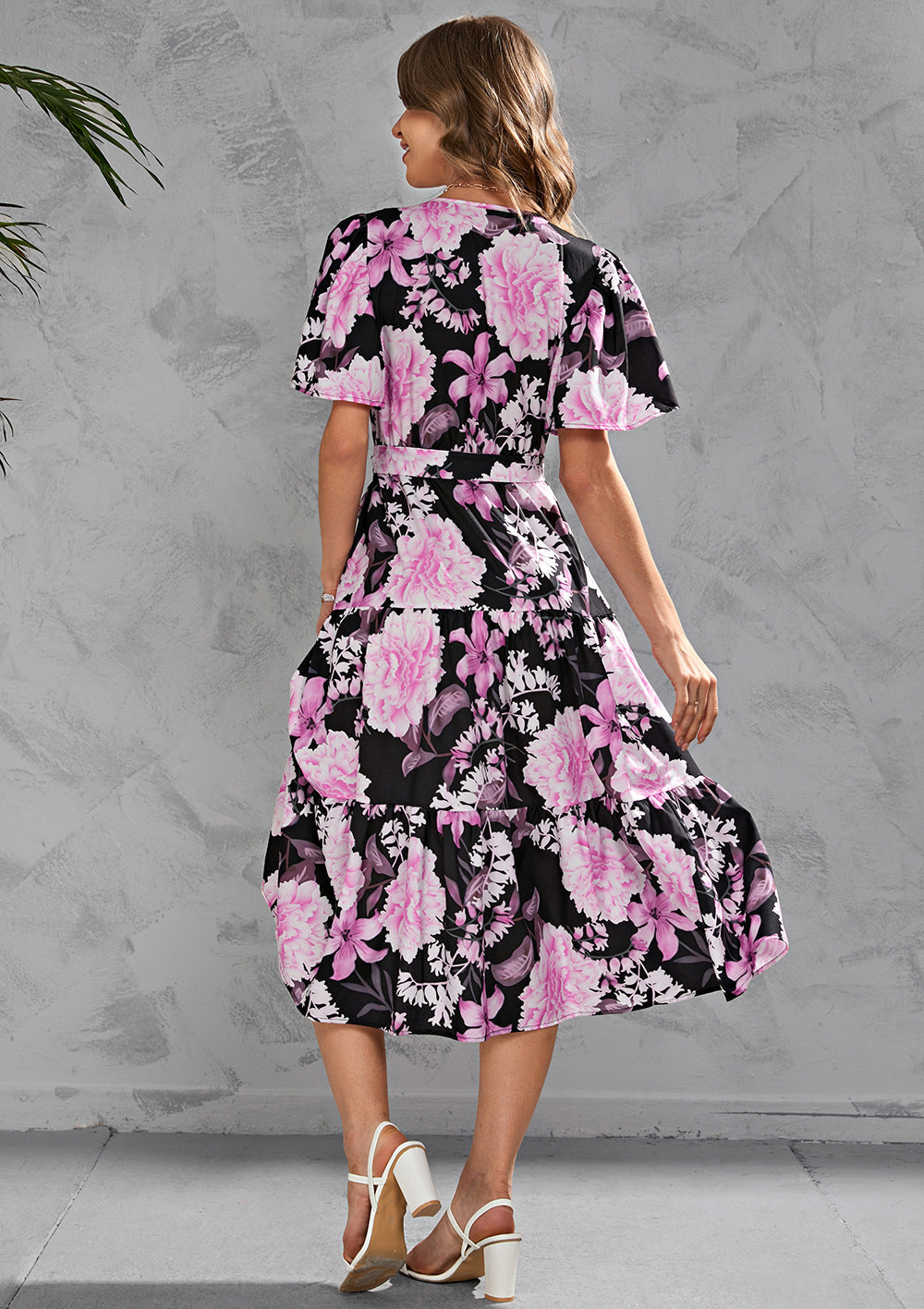 Women's Summer Floral V-Neck Waist-Tie Midi Short Sleeve Dress