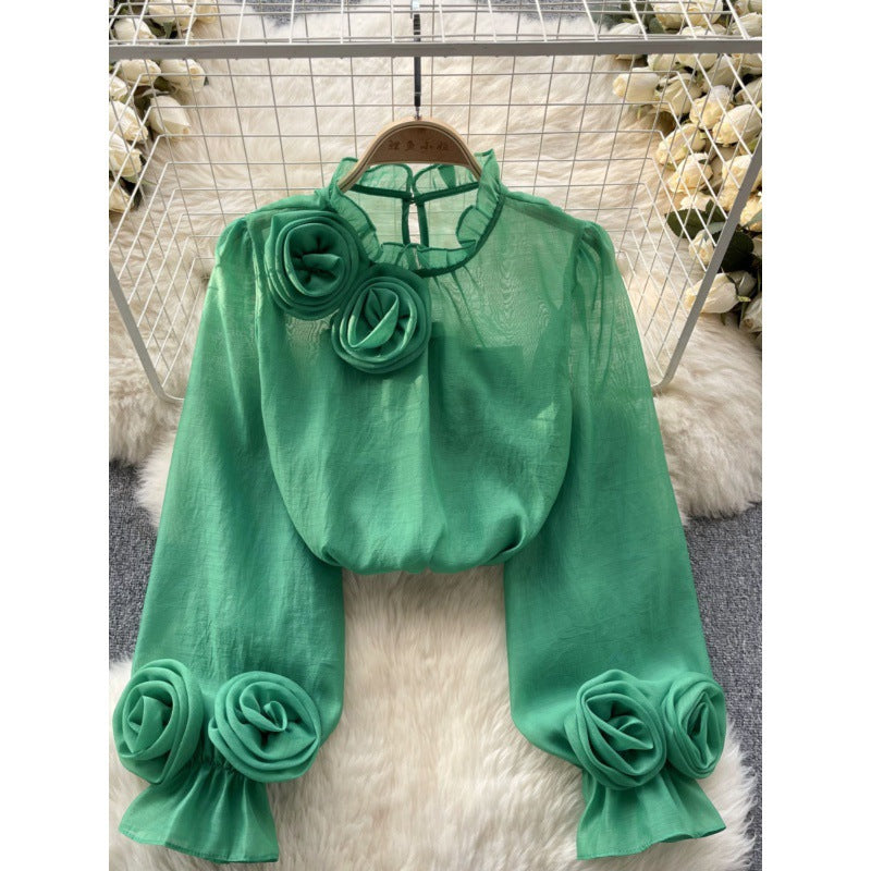 Designed 3D Flowers Chiffon Long Sleeves Shirts
