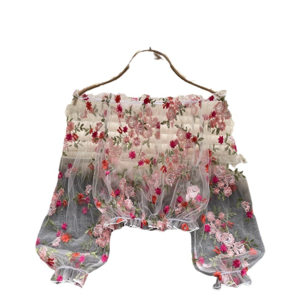 Off-Shoulder Mesh Embroidered See-Through Blouse