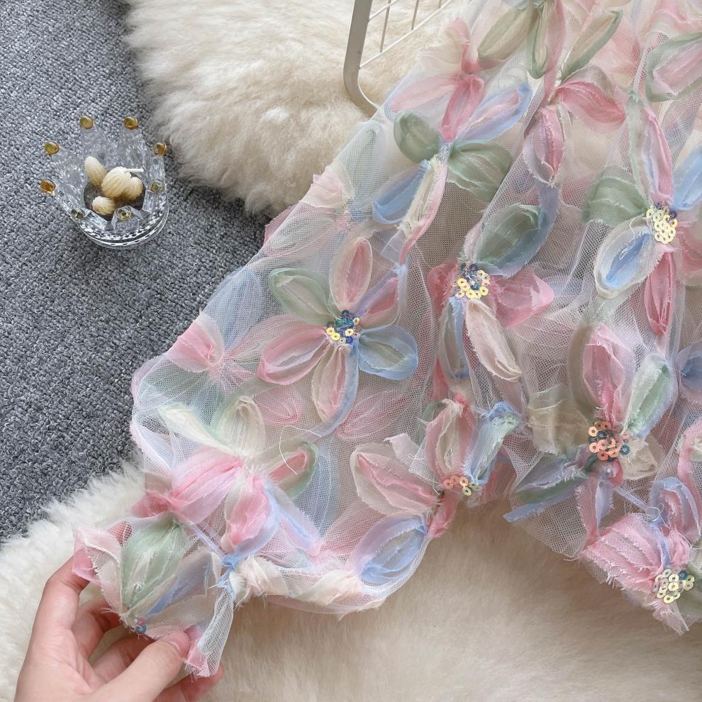 Fairy One-Shoulder Long Sleeve 3D Flower Mesh Shirt