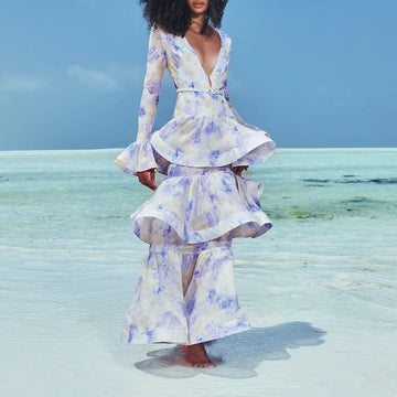 Floral Lace Trim Cake Dress – Summer Deep V-Neck Bell Sleeve Maxi Dress