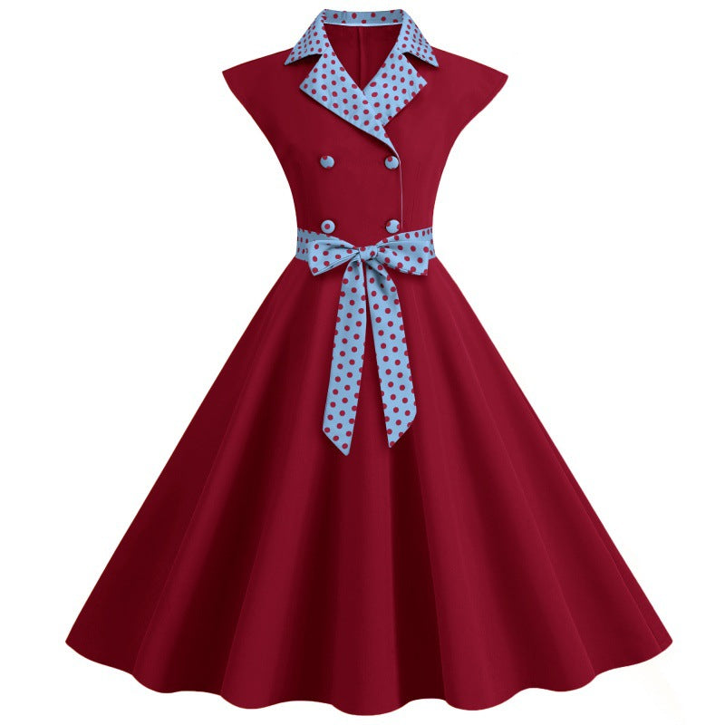 Elegant V-Neck Polka Dot & Solid Color A-Line Dress with Belt for Women