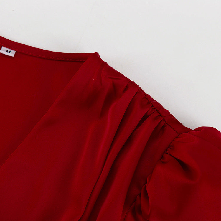 Elegant Red Ruffled Satin Dress