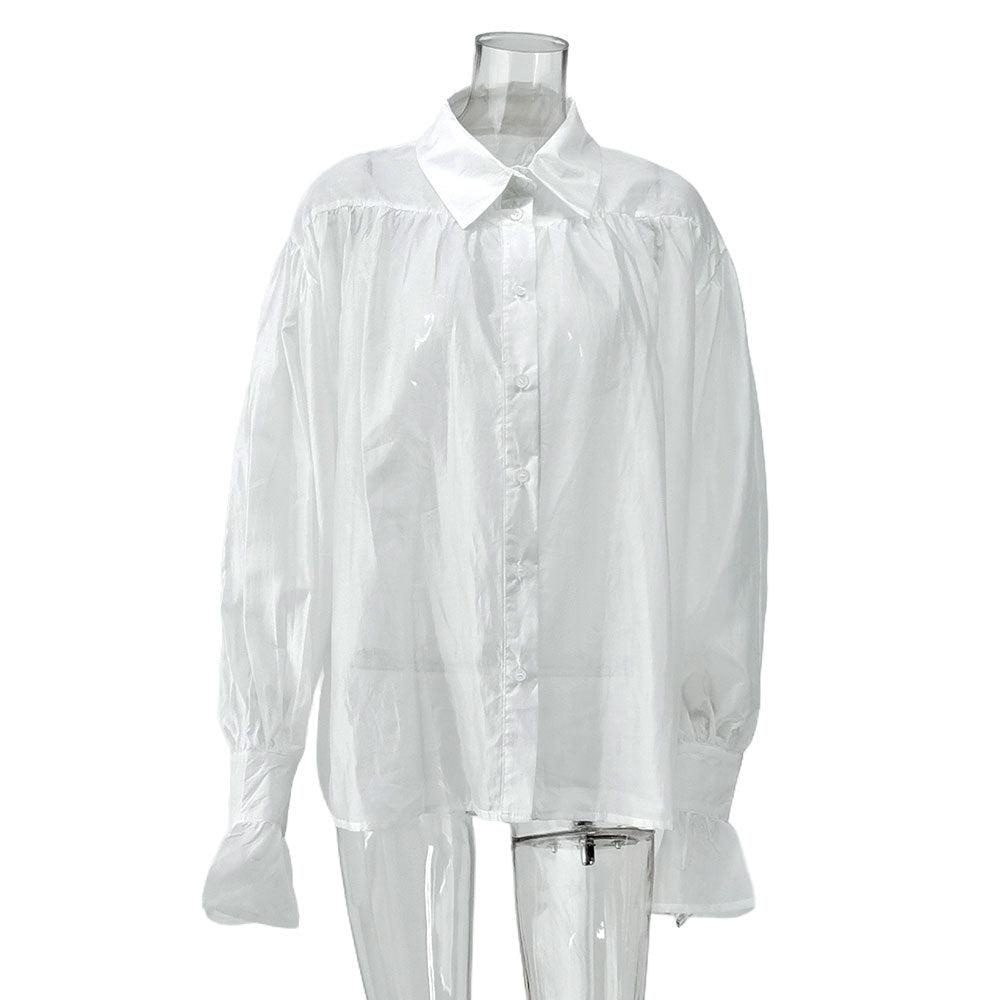 Women's Sheer Sexy Solid Color Blouse Shirts-White-S-Free Shipping Leatheretro