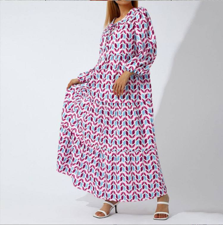 Plus Size Boho Print Dress with Puff Sleeves