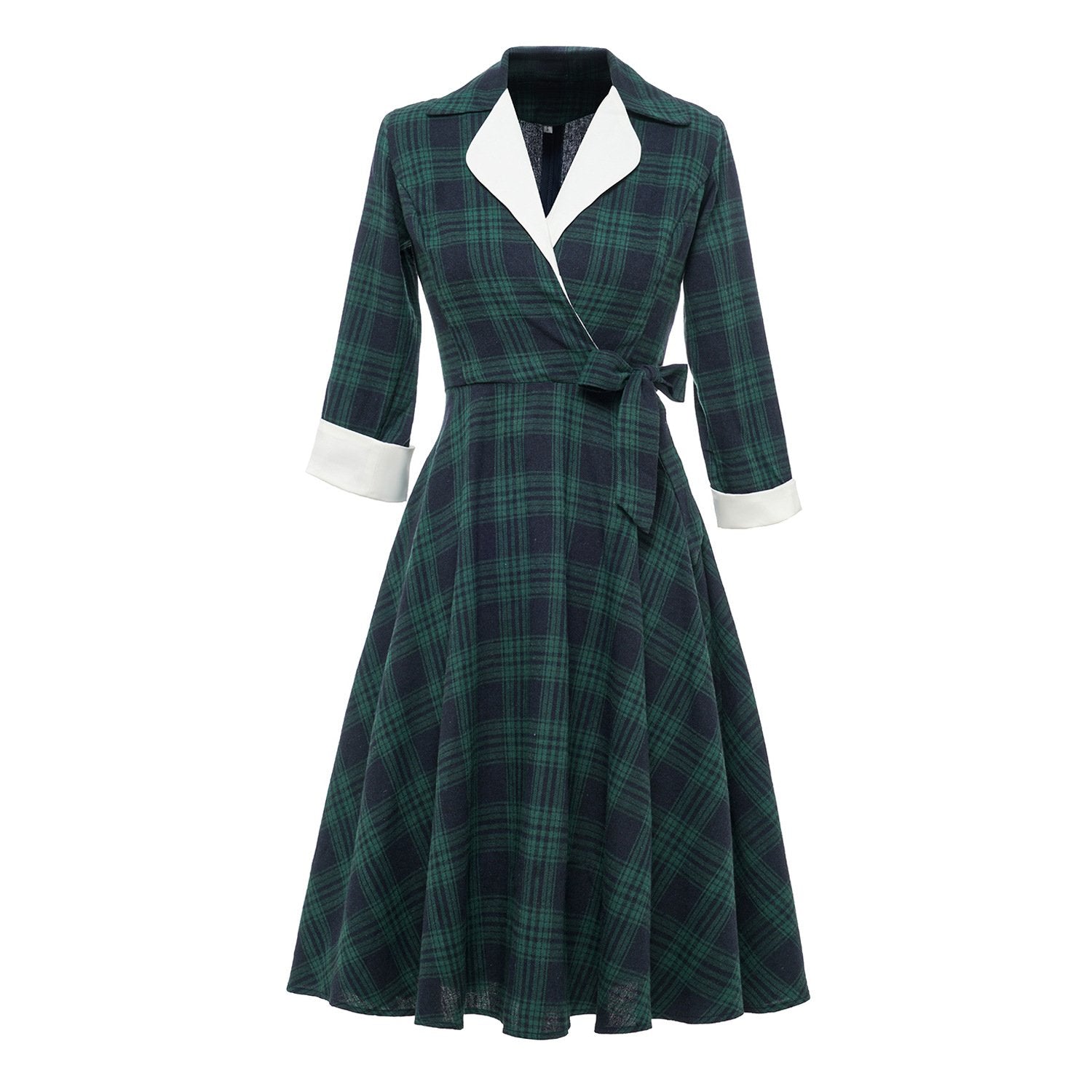 Vintage Plaid Long Sleeves Blazer Women Dresses-Dresses-Green-S-Free Shipping at meselling99