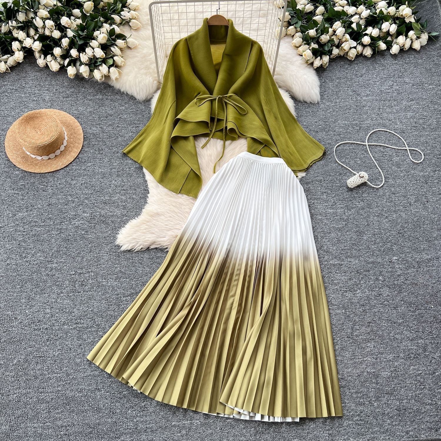 Women's Gradient Color Set - Loose Tie-Waist Pleated Top + High-Waisted Pleated Skirt