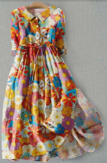 Women's Sunflower Print Shirt Dress – Women’s Short Sleeve Flowy Summer Dress