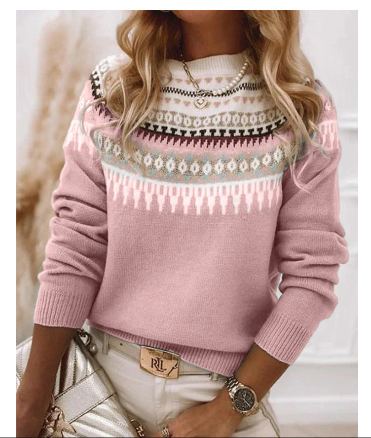 Women's Loose Knit Sweater - Color Block Round Neck Pullover