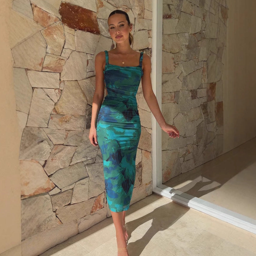 Sleeveless Slimming Backless Spaghetti Strap Square Neck Floral Print Slit Dress