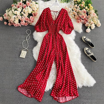 Women's Sexy V-Neck Batwing Sleeve Waist-Cinching Slimming Polka Dot Print Jumpsuit