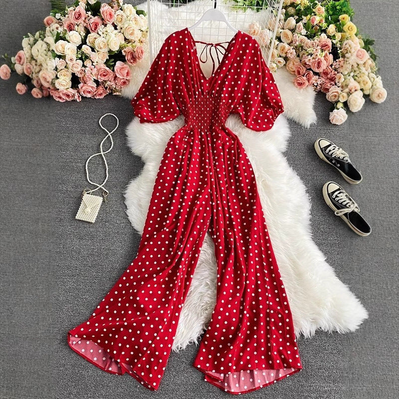 Women's Sexy V-Neck Batwing Sleeve Waist-Cinching Slimming Polka Dot Print Jumpsuit