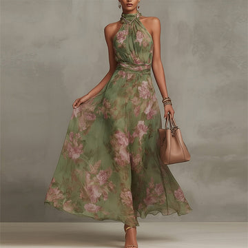 Elegant Halter Neck Sleeveless Print Maxi Dress