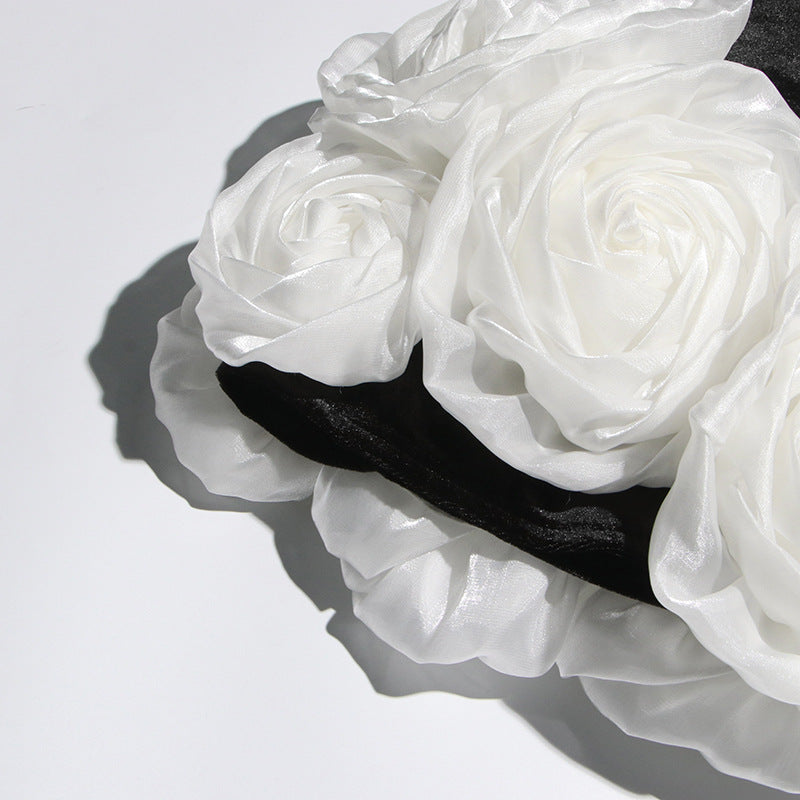 Designed Sexy Velvet Bustier Ball Gown Mini Dress with 3D White Roses